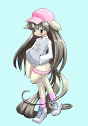 Size: 2039x2894 | Tagged: safe, artist:unousaya, character:octavia melody, species:anthro, species:pony, bipedal, blue background, blushing, clothing, female, floppy ears, garter, hat, jacket, lace, mare, shoes, simple background, sneakers, socks, solo, sweater, teal background