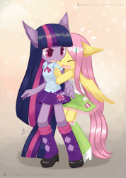 Size: 1075x1512 | Tagged: safe, artist:howxu, character:fluttershy, character:twilight sparkle, species:anthro, ship:twishy, blushing, boots, bow tie, clothing, colored pupils, cute, equestria girls outfit, eyes closed, female, floppy ears, high heel boots, leg warmers, lesbian, looking back, open mouth, pony ears, ponytail, shipping, shyabetes, skirt, tank top, wings