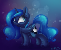 Size: 2482x2028 | Tagged: safe, artist:cutepencilcase, character:princess luna, species:alicorn, species:pony, cute, female, looking back, lunabetes, mare, missing accessory, signature, smiling, solo