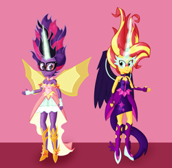 Size: 2053x2000 | Tagged: safe, artist:cybersquirrel, character:daydream shimmer, character:midnight sparkle, character:sunset shimmer, character:twilight sparkle, character:twilight sparkle (scitwi), species:eqg human, my little pony:equestria girls, clothes swap, daydream shimmer, halloween, holiday, midnight sparkle, simple background