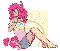 Size: 1109x935 | Tagged: safe, artist:kikirdcz, character:pinkie pie, species:human, bracelet, clothing, female, grin, humanized, jewelry, lidded eyes, missing shoes, moderate dark skin, plushie, shirt, shorts, simple background, sitting, smiling, socks, solo, transparent background