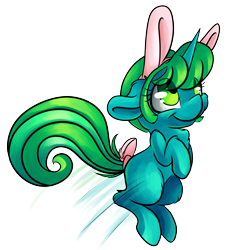 Size: 4498x4961 | Tagged: safe, artist:cutepencilcase, oc, oc only, species:pony, species:unicorn, absurd resolution, bunny ears, commission, cute, female, green eyes, green hair, hopping, mare, ocbetes, simple background, smiling, solo, transparent background, ych result
