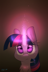 Size: 1280x1920 | Tagged: safe, artist:fluffyxai, character:twilight sparkle, chest fluff, detailed eyes, female, glow, glowing horn, looking up, signature, solo, sparkles