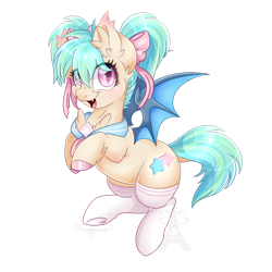 Size: 1024x1024 | Tagged: safe, artist:pvrii, oc, oc only, oc:starboard, species:bat pony, species:pony, clothing, cute, female, gift art, mare, open mouth, simple background, slit eyes, smiling, solo, stockings, thigh highs, transparent background