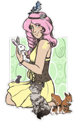 Size: 693x1101 | Tagged: safe, artist:kikirdcz, character:angel bunny, character:fluttershy, species:bird, species:human, animal, cat, clothing, dress, gerbil, human coloration, humanized, kneeling, mouse, smiling, squirrel