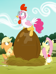 Size: 1024x1365 | Tagged: safe, artist:azure-art-wave, character:applejack, character:fluttershy, character:pinkie pie, species:chicken, species:pony, animal costume, basket, chicken pie, chicken suit, chocolate egg, clothing, costume, easter, easter basket, easter egg, exploitable meme, female, how, kinder egg, meme, nature is so fascinating, obligatory pony, pinkie being pinkie, toy, watermark