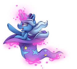 Size: 6873x6165 | Tagged: safe, artist:cutepencilcase, character:trixie, species:pony, species:unicorn, absurd resolution, chest fluff, clothing, female, floating, freckles, glowing horn, happy, hat, magic, mare, simple background, smiling, solo, telekinesis, transparent background, trixie's hat