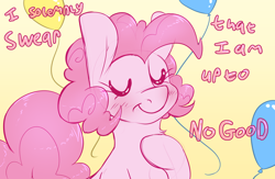 Size: 4000x2600 | Tagged: safe, artist:fluffyxai, character:pinkie pie, species:earth pony, species:pony, balloon, colored sketch, eyes closed, female, harry potter, hoof on chest, joke, mare, pledge, reference, silly, silly pony, smiling, solo, text, up to no good