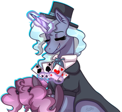 Size: 961x884 | Tagged: safe, artist:artistcoolpony, artist:kikirdcz, oc, oc only, oc:illusion, oc:nightfall, parent:starlight glimmer, parent:trixie, parents:startrix, species:pony, species:unicorn, card trick, clothing, female, hat, hoers, magic trick, magical lesbian spawn, mare, offspring, playing card, simple background, solo, top hat, transparent background