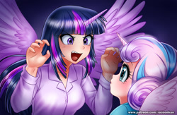 Size: 1073x700 | Tagged: safe, artist:racoonsan, character:princess flurry heart, character:twilight sparkle, character:twilight sparkle (alicorn), species:human, episode:a flurry of emotions, g4, my little pony: friendship is magic, best aunt ever, clothing, cute, duo, fangs, female, horned humanization, humanized, looking at each other, open mouth, pretending to be a bear, scene interpretation, winged humanization, wings