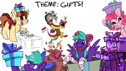Size: 1920x1080 | Tagged: safe, artist:cutepencilcase, artist:fluffyxai, artist:kaaostonttu, artist:strangersaurus, character:discord, character:pinkie pie, bomb, bow, clothing, collaboration, drawpile disasters, gift art, hair bow, present, simple background, socks, striped socks, tongue out, weapon, white background