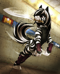 Size: 2700x3330 | Tagged: safe, artist:mykegreywolf, oc, oc only, oc:lor'ea, species:zebra, badass, commission, mouth hold, rearing, solo, swinging, sword, weapon