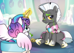 Size: 1288x916 | Tagged: safe, artist:dsana, character:princess flurry heart, oc, oc:scope, species:pony, species:unicorn, episode:a flurry of emotions, g4, my little pony: friendship is magic, commission, crystal guard, magic, male, mashed peas, spoon, stallion