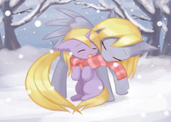Size: 1512x1075 | Tagged: safe, artist:howxu, character:derpy hooves, character:dinky hooves, species:pony, blushing, clothing, cute, derpabetes, dinkabetes, ear fluff, equestria's best mother, eyes closed, howxu is trying to murder us, mother and daughter, mouth hold, nuzzling, scarf, sitting, snow, tree, weapons-grade cute, winter