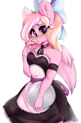 Size: 528x800 | Tagged: safe, artist:yukomaussi, oc, oc only, oc:bay breeze, species:anthro, species:pegasus, g4, anthro oc, blushing, bow, clothing, costume, dress, female, hair bow, looking at you, maid, mare, pegasus oc, simple background, solo, white background, wings