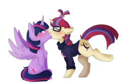 Size: 3637x2399 | Tagged: safe, artist:oddends, character:moondancer, character:twilight sparkle, character:twilight sparkle (alicorn), species:alicorn, species:pony, species:unicorn, ship:twidancer, blushing, clothing, cutie mark, eyes closed, female, glasses, horn, kissing, lesbian, mare, shipping, simple background, sweater, tail, white background, wings