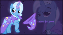 Size: 1920x1080 | Tagged: safe, artist:mrpibb-93, artist:the smiling pony, artist:tim015, character:trixie, species:pony, species:unicorn, cape, clothing, female, glowing horn, hat, magic, mare, raised hoof, simple background, smiling, solo, telekinesis, trixie's cape, trixie's hat, vector, wallpaper, zoom layer