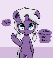 Size: 1280x1403 | Tagged: safe, artist:artguydis, oc, oc only, oc:disastral, species:pony, species:unicorn, askdisastral, bipedal, broken horn, dialogue, female, looking at you, mare, pigtails, solo, underhoof