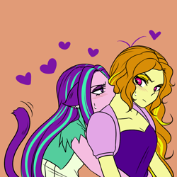 Size: 1000x1000 | Tagged: safe, artist:raika0306, character:adagio dazzle, character:aria blaze, equestria girls:rainbow rocks, g4, my little pony: equestria girls, my little pony:equestria girls, adaria, animal ears, blushing, cat ears, cat tail, catgirl, clothing, female, floppy ears, heart, lesbian, looking back, nibbling, shipping, simple background, spoken heart, tail
