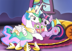 Size: 1427x1019 | Tagged: safe, artist:dsana, character:princess celestia, character:spike, character:twilight sparkle, species:alicorn, species:dragon, species:pony, barehoof, card, commission, hoof shoes, jewelry, mama twilight, momlestia, prone, reading, regalia, shoes, shoes off, shoes removed, spikelove