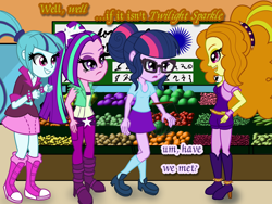 Size: 2560x1920 | Tagged: safe, artist:cybersquirrel, character:adagio dazzle, character:aria blaze, character:sonata dusk, character:twilight sparkle, character:twilight sparkle (scitwi), species:eqg human, my little pony:equestria girls, dialogue, supermarket, tumblr comic
