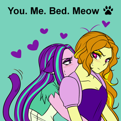 Size: 1000x1000 | Tagged: safe, artist:raika0306, edit, character:adagio dazzle, character:aria blaze, equestria girls:rainbow rocks, g4, my little pony: equestria girls, my little pony:equestria girls, adaria, animal ears, blushing, cat ears, cat tail, catgirl, clothing, female, floppy ears, heart, lesbian, looking back, nibbling, shipping, simple background, spoken heart, tail, text, you. me. x. now.