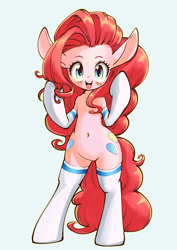 Size: 1447x2039 | Tagged: safe, artist:unousaya, character:pinkie pie, species:pony, :d, big hair, bipedal, both cutie marks, clothing, cute, diapinkes, donkey ears, female, happy, human facial structure, long ears, looking at you, mare, raised arm, semi-anthro, simple background, smiling, socks, solo, thigh highs