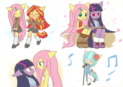 Size: 1407x1000 | Tagged: safe, artist:howxu, character:coco pommel, character:fluttershy, character:sunset shimmer, character:twilight sparkle, species:anthro, species:unguligrade anthro, ship:twishy, bedroom eyes, blushing, book, boots, cheongsam, chibi, clothing, cocobetes, colored sketch, cute, dress, eyes closed, female, lesbian, looking at each other, microphone, school uniform, schoolgirl, shimmerbetes, shipping, shyabetes, side slit, simple background, singing, sketch, skirt, smiling, socks, white background