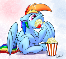 Size: 900x813 | Tagged: safe, artist:ponythroat, edit, character:rainbow dash, species:pony, eating, female, food, open mouth, popcorn, questionable source, sfw edit, solo, wing hands, wing hold