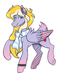 Size: 1105x1399 | Tagged: safe, artist:kikirdcz, oc, oc only, oc:cloud heartshine, species:pegasus, species:pony, clothing, colored wings, colored wingtips, female, gradient hooves, hoers, mare, multicolored wings, raised hoof, scarf, simple background, solo, spiked wristband, transparent background, wristband