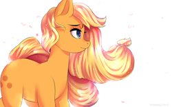 Size: 1280x800 | Tagged: safe, artist:yukomaussi, character:applejack, species:pony, cherry blossoms, female, flower, flower blossom, hatless, missing accessory, profile, simple background, solo, white background, windswept mane