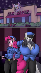 Size: 900x1600 | Tagged: safe, artist:mad'n evil, character:pinkie pie, character:zecora, species:anthro, species:zebra, comic:odd job, big breasts, breasts, cleavage, clothing, comic, crossover, five nights at freddy's, freddy fazbear's pizzeria, huge breasts, impossibly large breasts, lantern, security guard