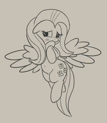 Size: 562x647 | Tagged: safe, artist:andelai, character:fluttershy, species:pegasus, species:pony, belly button, blushing, chubby, covering mouth, female, floppy ears, flying, grayscale, head turn, hooves to the chest, lineart, looking sideways, mare, monochrome, plump, solo, spread wings, wings