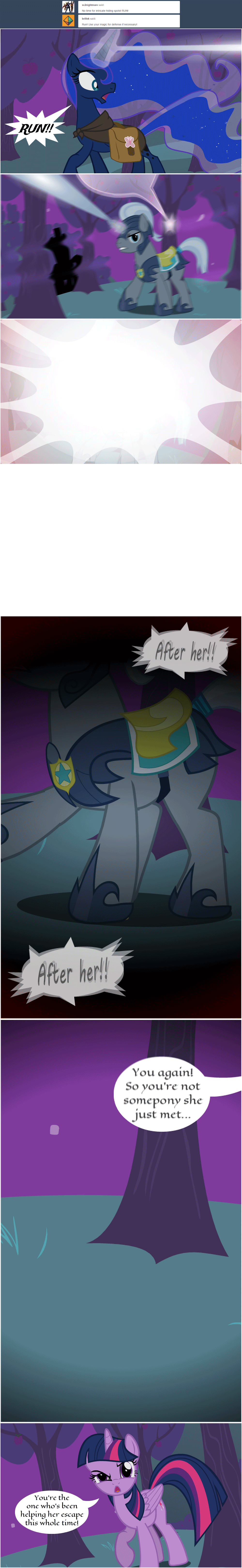 Size: 1000x6477 | Tagged: safe, artist:flash equestria photography, character:princess luna, character:twilight sparkle, character:twilight sparkle (alicorn), species:alicorn, species:pony, absurd resolution, animated, cloak, clothing, comic, female, gif, hunted luna, looking at you, magic, night guard, offscreen character, pov, saddle bag