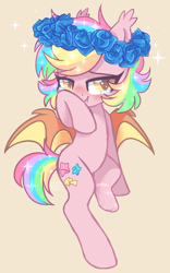 Size: 1981x3170 | Tagged: safe, artist:hawthornss, oc, oc only, oc:paper stars, species:bat pony, species:pony, amputee, blushing, crying, cute, cute little fangs, ear fluff, fangs, floral head wreath, flower, flower in hair, lidded eyes, looking at you, missing accessory, missing limb, scar, simple background, smiling, spread wings, stump, wings, yellow background