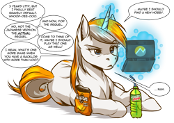 Size: 1641x1159 | Tagged: safe, artist:mykegreywolf, oc, oc:belle eve, species:pony, species:unicorn, 3ds, belle eve, chips, dialogue, doritos, female, food, glowing horn, magic, mare, mountain dew, neogaf, nintendo, ponified, simple background, soda, solo, speech bubble, transparent background, video game