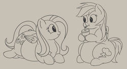Size: 1013x552 | Tagged: safe, artist:andelai, character:fluttershy, character:rainbow dash, species:pony, belly, chubby, fat, fattershy, lineart, obese, rainblob dash, simple background