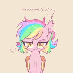 Size: 2600x2600 | Tagged: safe, artist:hawthornss, oc, oc only, oc:paper stars, species:bat pony, species:pony, ask paper stars, bedroom eyes, cute, cute little fangs, ear fluff, fangs, looking at you, rainbow hair, solo, sparkles