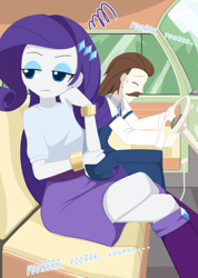 Size: 1000x1407 | Tagged: safe, artist:howxu, character:hondo flanks, character:rarity, my little pony:equestria girls, car, clothing, commission, duo, equestria girls-ified, eyeshadow, facial hair, father and daughter, female, makeup, male, moustache, sitting, sweat, sweatdrop, unamused