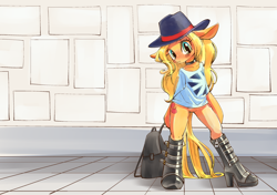 Size: 1736x1223 | Tagged: safe, artist:unousaya, character:applejack, species:earth pony, species:pony, arm hooves, bipedal, boots, bottomless, clothing, female, hat, high heel boots, looking at you, mare, partial nudity, semi-anthro, shirt, shoes, solo