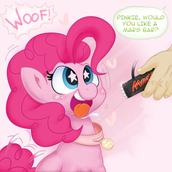 Size: 4167x4167 | Tagged: safe, artist:adequality, artist:celine-artnsfw, character:pinkie pie, oc, oc:anon, species:earth pony, species:human, species:pony, absurd resolution, attempted murder, behaving like a dog, candy, chocolate, collar, drool, food, heart, mars, mars bar, pet play, pet tag, pony pet, starry eyes, tail wag, tongue out, wingding eyes, woof