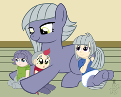 Size: 2098x1685 | Tagged: safe, artist:oneovertwo, character:limestone pie, oc, oc only, oc:brick pie, oc:chalk pie, oc:margaret pie, parent:limestone pie, satyr, baby, brother and sister, diaper, female, male, mother and daughter, mother and son