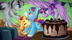 Size: 7680x4320 | Tagged: safe, artist:cutepencilcase, character:sunset shimmer, character:twilight sparkle, character:twilight sparkle (alicorn), oc, oc:light blade, oc:solar comet, species:alicorn, species:pegasus, species:pony, species:unicorn, absurd resolution, birthday, cake, crying, cute, eyes closed, female, floppy ears, food, happy, jewelry, male, mare, mouth hold, nuzzling, pendant, present, shimmerbetes, spread wings, stallion, tears of joy, twiabetes, wings