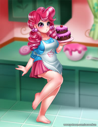 Size: 900x1168 | Tagged: safe, artist:racoonsan, character:cup cake, species:human, episode:the perfect pear, g4, my little pony: friendship is magic, apron, barefoot, breasts, busty cup cake, cake, chiffon swirl, clothing, cute, cute cake, dessert, feet, female, food, humanized, kitchen, legs, looking at you, miniskirt, moe, skirt, solo, sugarcube corner, walking, younger