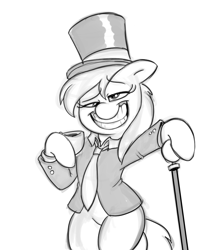 Size: 734x824 | Tagged: safe, artist:mickeymonster, character:derpy hooves, species:pegasus, species:pony, big grin, bipedal, cane, clothing, dapper, fancy, female, food, grin, hat, monochrome, necktie, smiling, solo, suit, tea, top hat