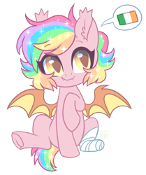Size: 1733x2074 | Tagged: safe, artist:hawthornss, oc, oc only, oc:paper stars, species:bat pony, species:pony, amputee, bandage, cute, cute little fangs, dialogue, ear fluff, fangs, female, flag, ireland, mare, missing limb, moonsugar is trying to kill us, ocbetes, paperbetes, simple background, sitting, slit eyes, smiling, speech bubble, spread wings, stump, transparent background, underhoof, wings