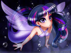Size: 900x668 | Tagged: safe, artist:racoonsan, character:twilight sparkle, character:twilight sparkle (alicorn), species:alicorn, species:human, species:pony, my little pony: the movie (2017), bocas top, bubble, cute, eyeshadow, female, horned humanization, humanized, looking at you, makeup, mermaid, mermaidized, sleeveless, solo, species swap, underwater, water