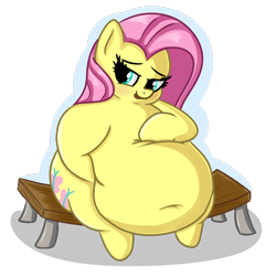 Size: 720x720 | Tagged: safe, artist:andelai, character:fluttershy, species:pony, belly, belly button, bench, big belly, blushing, fat, fattershy, female, obese, sitting, solo