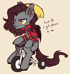 Size: 2396x2552 | Tagged: safe, artist:hawthornss, oc, oc only, oc:rewrite auriar, species:bat pony, species:pony, beanie, chest fluff, clothing, ear fluff, flannel, frown, hat, male, scrunchy face, simple background, stallion, text, tricycle, vulgar