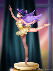 Size: 800x1067 | Tagged: safe, artist:racoonsan, character:twilight sparkle, species:human, episode:a royal problem, g4, my little pony: friendship is magic, alternate hairstyle, armpits, ballerina, ballet slippers, clothing, cute, female, full body, hair bun, horned humanization, humanized, leotard, looking at you, music box, pose, raised leg, see-through, smiling, solo, tutu, twiabetes, twilarina, winged humanization, wings